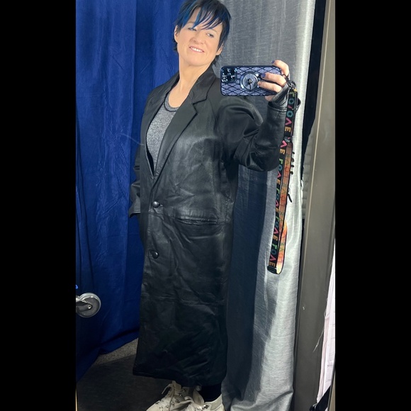 |•OAKBROOK•| Vintage Black Leather Full Length/Long Black Coat/Jacket Size Small - Picture 3 of 16
